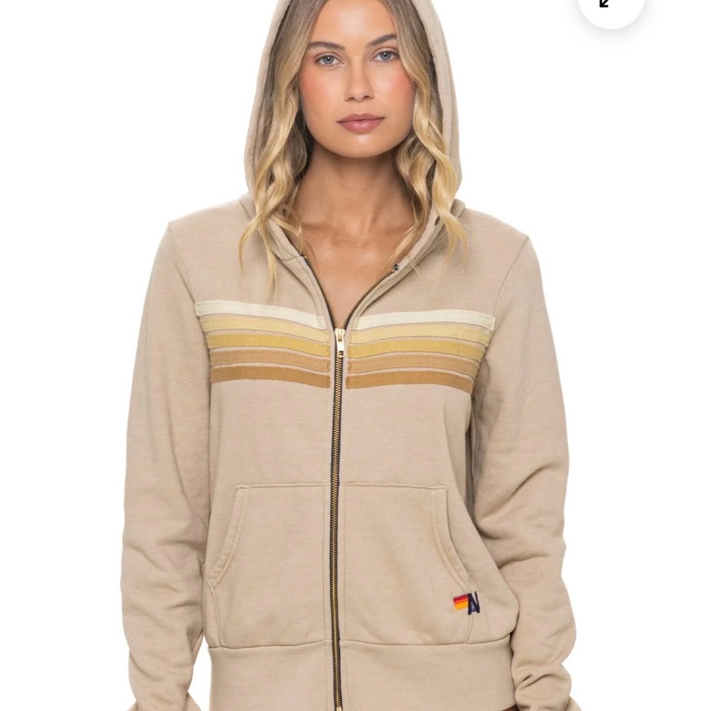 Aviator Nation Set Beige Zip Hoodie with Yellow & Tan Stripes and Matching Pants